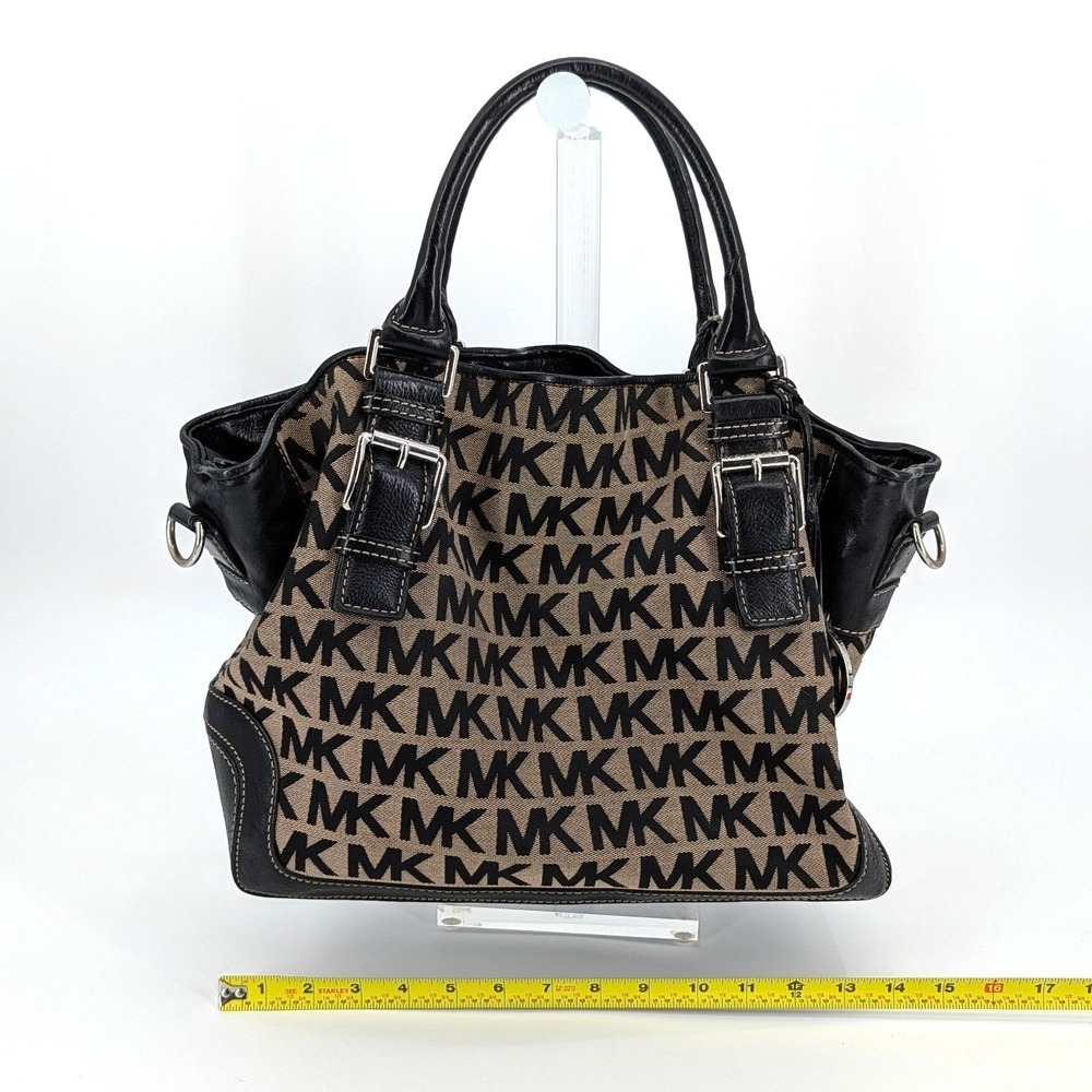 Michael Kors Bedford Signature MK Jacquard Satchel Bag Black Beige w/ Strap MK - Picture 7 of 11